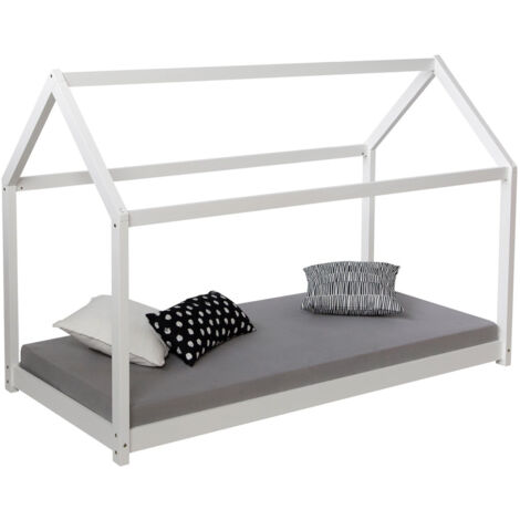 Cama infantil en forma de casita de madera blanca con somier de láminas LIT06169