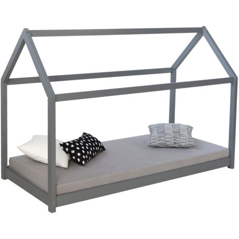 Cama infantil en forma de casita de madera gris con somier de láminas LIT06170