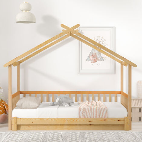 Cama infantil extensible 90×200 cm, cama individual y doble, madera, Natural