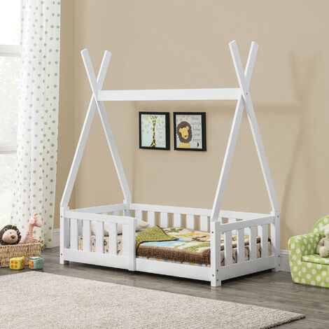 Cama infantil Helsingborg con reja de seguridad - Estructura tipi - pino 140x70 cm - Blanco mate [en.casa]