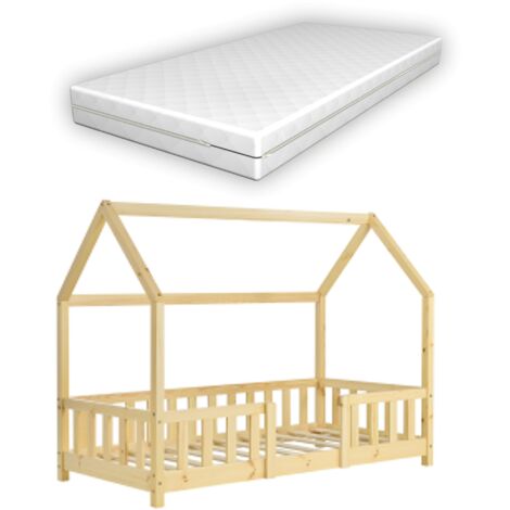 Cama infantil House Cabin con colchón barrera y somier de madera de pino natural 80 x 160 cm 030005483
