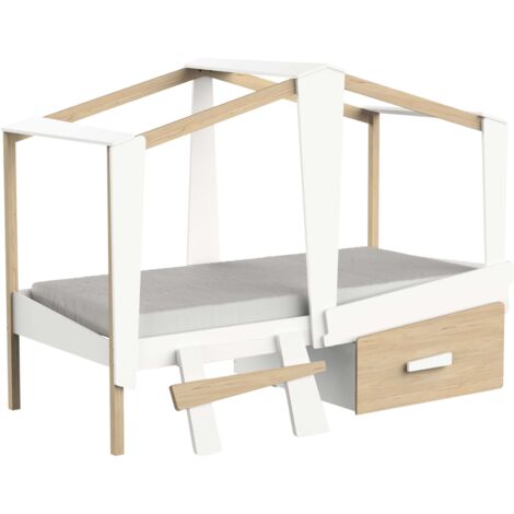 Cama Infantil Juvenil Cabane Cajón Incluido Color Roble Y Blanco Mate 90x200 cm