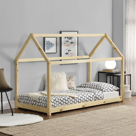 Cama infantil Netstal de madera pino Forma de casa - 206x98x142cm - Pino natural [en.casa]