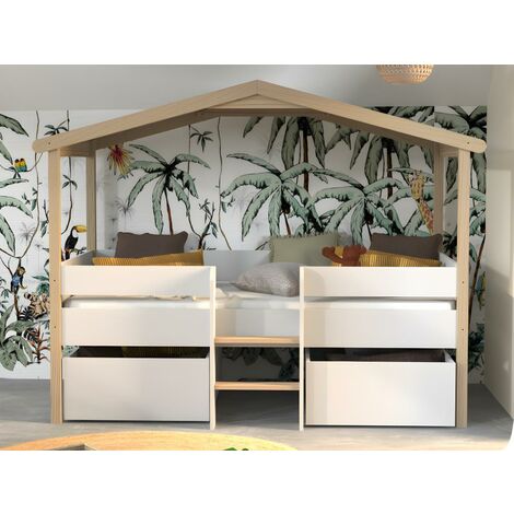 CAMA INFANTIL CASITA CON CAJONES Y BARANDILLA MISSISSIPPI - Natural - 90 x  190