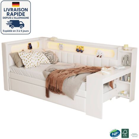 Cama infantil tapizada 90x200 - Con cama nido y escritorio - Iluminación LED - Blanco