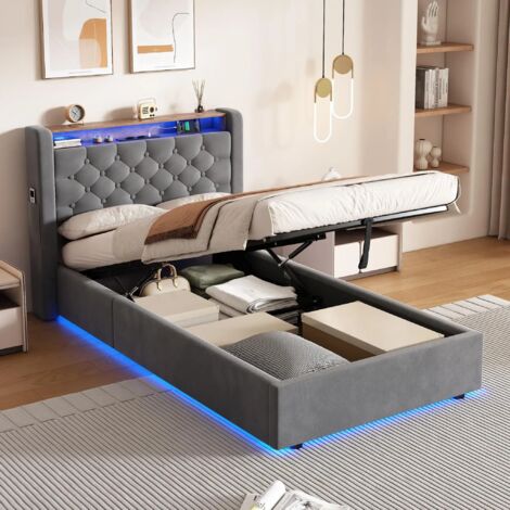 Cama infantil tapizada de 90x200 cm - Cama con almacenamiento de 90x200 cm - Iluminación LED, cama infantil con espacio de almacenamiento, toma de corriente y cabecero plegable, terciopelo, estructura