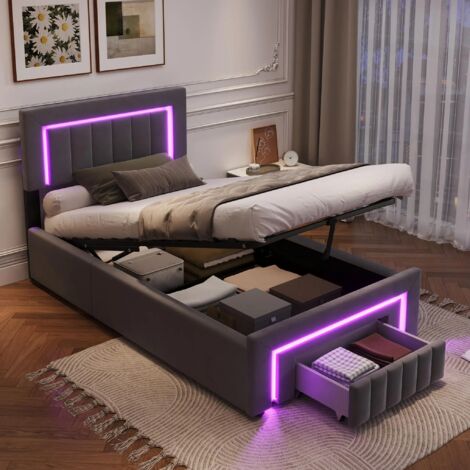 Cama infantil tapizada de 90x200 cm con iluminación LED, individual con cajones y ruedas, estructura que ofrece amplio espacio de almacenamiento, color gris.