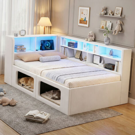 Cama infantil tapizada de terciopelo beige 90x200 cm con LED, USB/TYPE-C, almacenaje y espacio para mascotas
