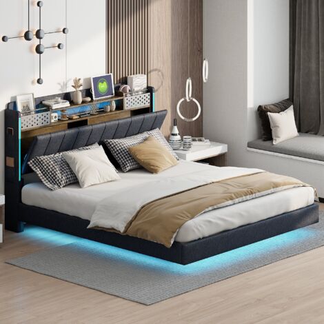 Cama Juvenil 160x200 cm LED USB Cabecero Almacenamiento Diseño Flotante Lino Gris (Sin Colchón)