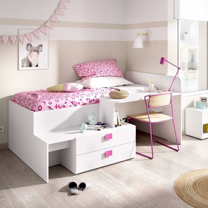 

Cama juvenil compacta con escritorio y cajones con tiradores incluidos en 2 colores (Rosa y Azul)
