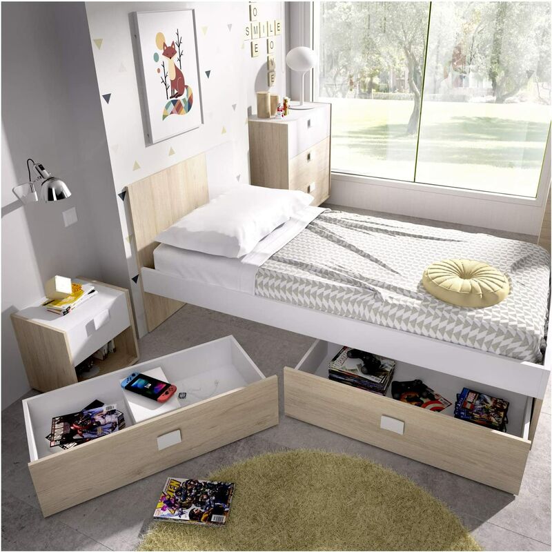 

Cama juvenil CON CAJONES color Natural y Blanco, medidas Alto 79 cm x Largo 196 cm