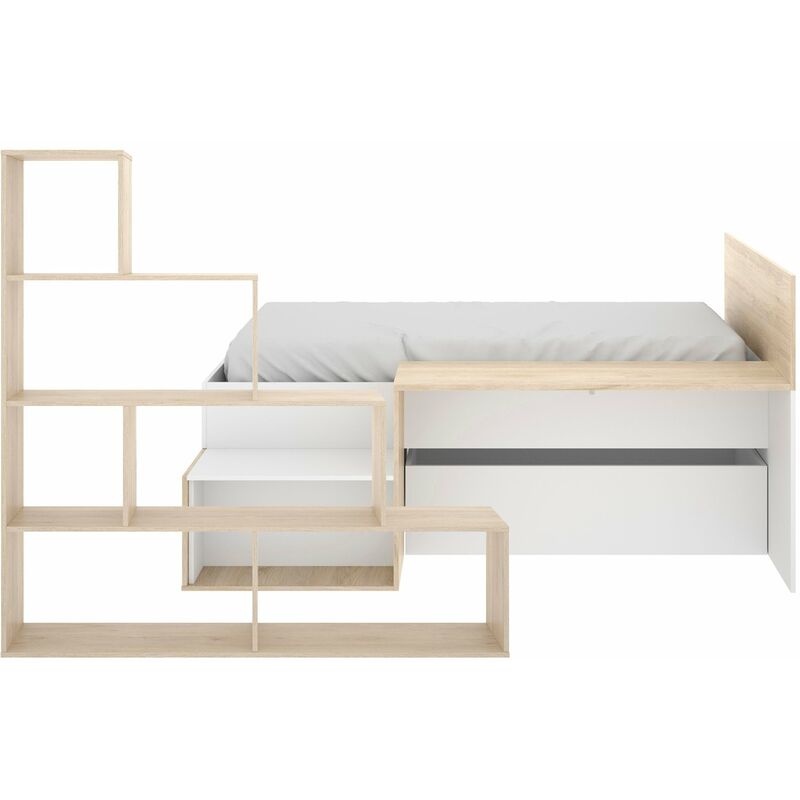 

Cama Juvenil con Escritorio Incorporado y estantería Moderna a Juego, Color Natural y Blanco