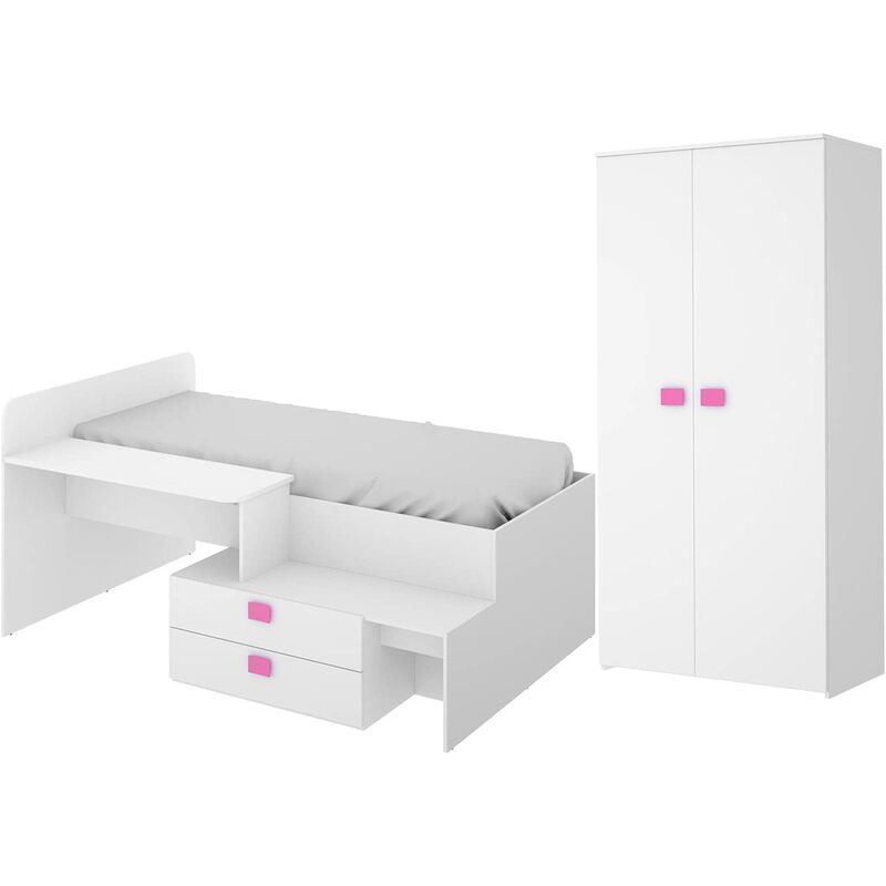 

Hd Deco - Cama Juvenil con Escritorio y Armario a Juego, ropero, Escritorio y Cama, Todo en uno, Tirador Rosa