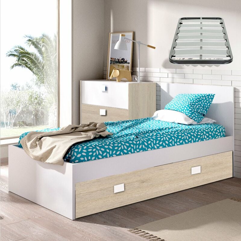 

Cama Juvenil Individual con Cajones Inferiores Color Natural y Blanco SOMIER Incluido