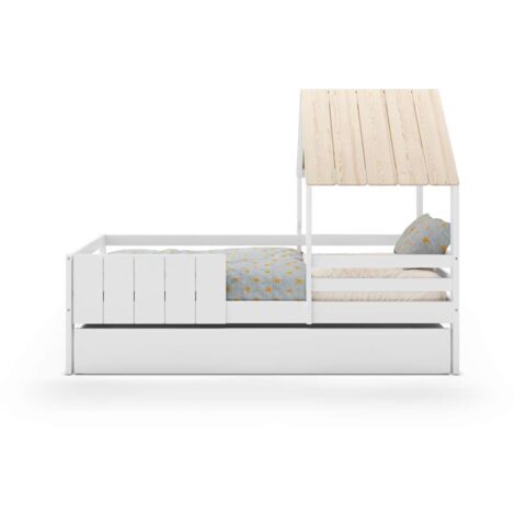 Cama juvenil modelo Nuria con cajón acabado blanco/cera blanca, 151.8cm(alto) 114.1cm(ancho) 201.2cm(fondo)