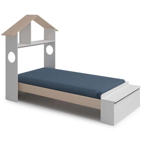 Cama juvenil tipo cabaña modelo ERIC acabado blanco/cera, 216.5cm(largo) 128.5cm(ancho) 153cm(alto).
