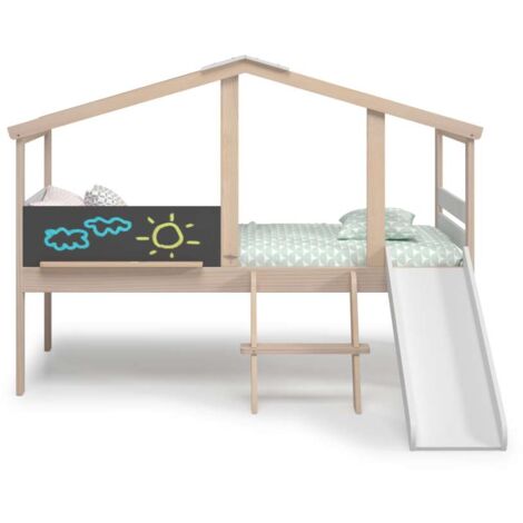 Cama juvenil tipo cabaña modelo IKER acabado blanco/cera, 204.9cm(largo) 97.1cm(ancho) 147cm(alto).
