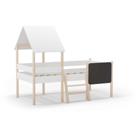 Cama juvenil tipo cabaña modelo Mario con pizarra acabado blanco/cera blanca, 150cm(alto) 110cm(ancho) 202cm(fondo)