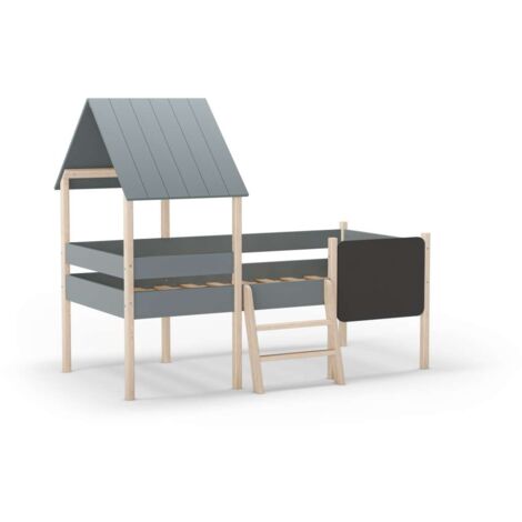 Cama juvenil tipo cabaña modelo Mario con pizarra acabado verde kaki/cera blanca, 150cm(alto) 110cm(ancho) 202cm(fondo)