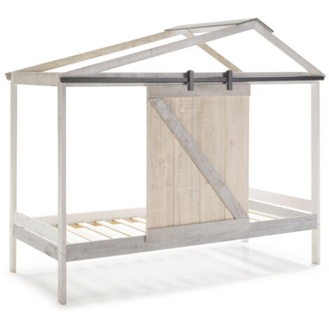 Cama juvenil tipo cabaña modelo Tara acabado blanco con tonos grises, 208.6cm(largo) 105cm(ancho) 183.5cm(alto).