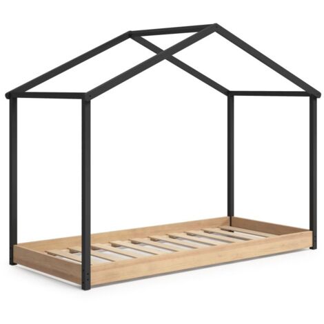 Cama juvenil tipo cabaña Moira acabado roble y gris antracita Medidas:  (Largo 216.5 x ancho 102 x alto 163.7 cm)