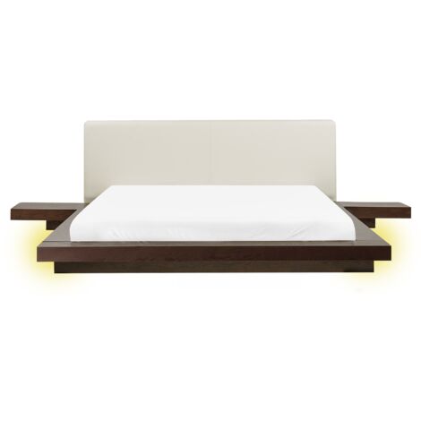 Cama LED moderna con plataforma mesitas de noche cabecero de piel sintética MDF madera de fresno oscuro 160 x 200 cm Zen