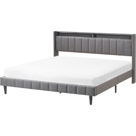 Cama LED tapizada en tela 180 x 200 cm con cabecero de almacenaje y luces LED USB gris oscuro Beaulieu