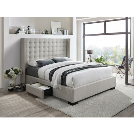 Cama LEONCE con cabecero capitoné - Con cajones - 160x200cm - tela beige - Venta-unica - Beige