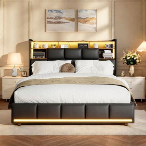 Cama lit 140x190 cm, Cama doble, Estructura de cama 140x190 cm, Somier incluido, Cama 140x190 cm con almacenamiento y LED, PU, Negro