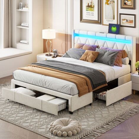 Cama Lit 160x200 cm - LED - Cabecera con USB - 4 Cajones - Tela de Lino Beige