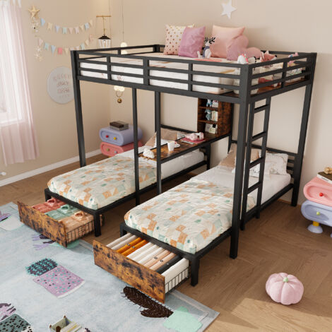 Cama Litera 140x200 + 90x200 Cm Estructura Mdf Y Metal Negro