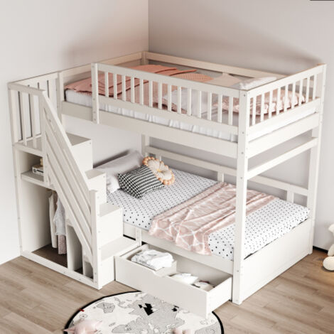 Cama litera 90x200 cm cama infantil con somier de láminas y cajones, estructura de madera, sin colchón, blanco