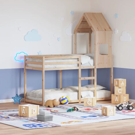 Cama litera con techo de madera maciza de pino 75x190 cm
