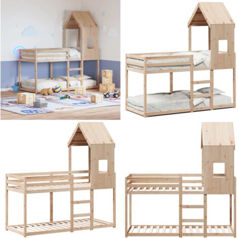 Cama litera con techo madera maciza de pino 80x200 cm - Cama infantil con techo - Cama de pino