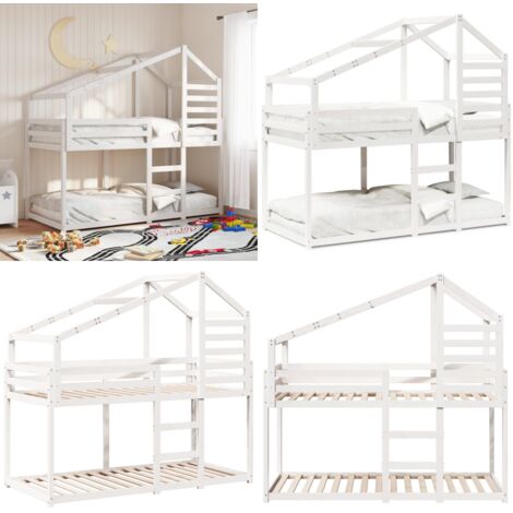 Cama litera con techo madera maciza de pino blanco 90x200 cm - Cama infantil con techo - Cama con techo