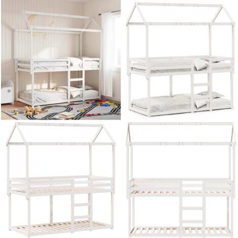 Cama litera con techo madera maciza de pino blanco 90x200 cm - Cama infantil con techo - Litera con techo
