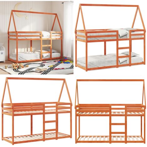 Cama litera con techo madera maciza pino marrón 90x200 cm - Cama infantil con techo - Cama de madera