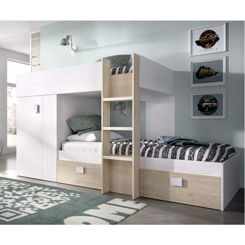 

Cama litera doble infantil,acabado blanco Artiko y Natural, COLCHONES + SOMIER INCLUIDOS