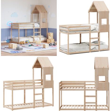 Cama litera sin colchón madera maciza de pino 90x190 cm - Cama infantil - Cama con techo