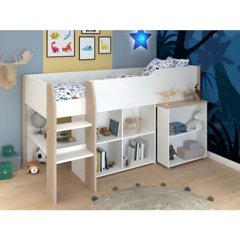 Cama MARIA - Con escritorio y compartimentos - 90 x 200 cm - Color: blanco y roble + colchón - Venta-unica - Blanco