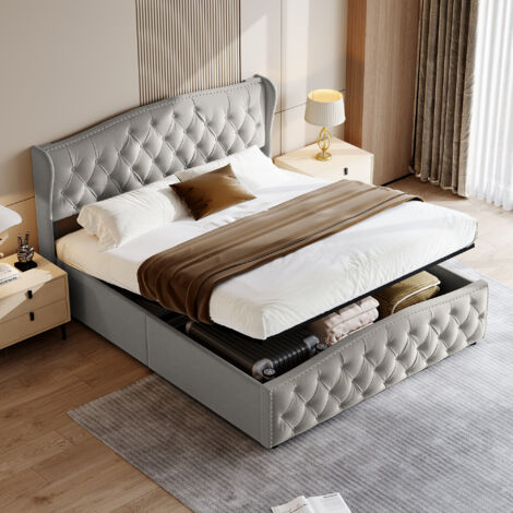PERGAR Cama matrimonial 140x200, camas para adulto,cama acolchada con somier de láminas, cabecero ondulado, diseño de remaches, terciopelo, gris