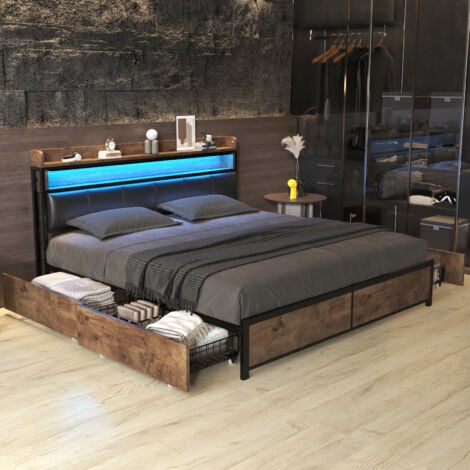 PERGAR Cama matrimonial 180x200, cama 180x200, cama grande, cama acolchada, cama para adultos, somier y cajones, LED, almacenaje junto a la cama, PU, negro