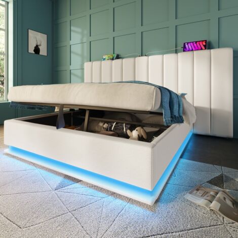 Cama matrimonial acolchada 160 x 200 con control LED por app y carga USB-C, en PU, blanco, sin cabecera