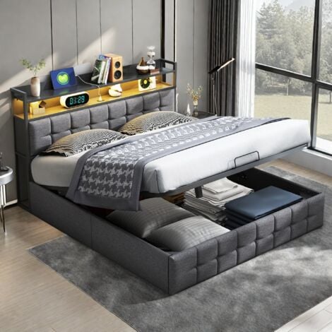 PERGAR 140x190 con almacenamiento, cama tapizada, LED ajustable, USB y Tipo-C, respaldo suave, diseño moderno,lino, gris