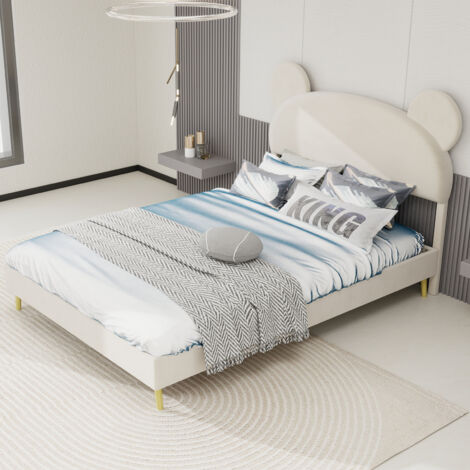 Cama matrimoniales 140x200 cm acolchado tema cartoon tela y metal almacenamiento neumático beige (Sin colchón)