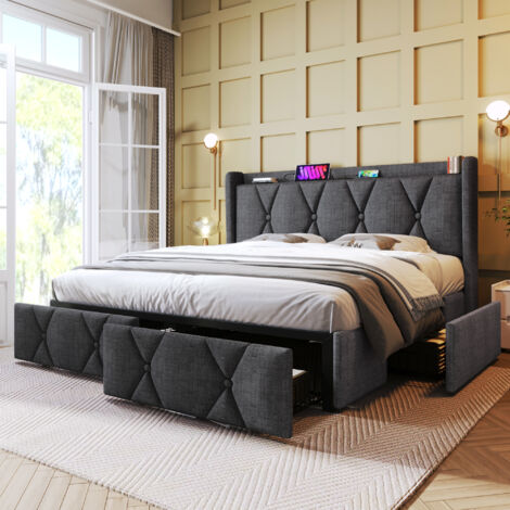 Cama matrimoniales 140x200 cm con cabecero con carga USB y 4 cajones base de madera lino gris (sin colchón)