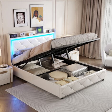 Cama matrimoniales 160x200 con almacenamiento, cama 160x200 con base, cama doble tapizada, cama adulto, cabecero con LED orientable, puerto USB, PU, ​​blanco