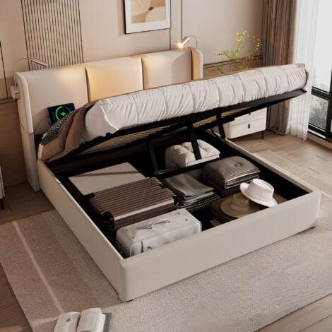 PERGAR Cama matrimoniales 160x200 con canapé abatible, cama 160x200, cama doble, cama tapizada, cama para adulto, con carga USB, con luz de lectura, lino, beige
