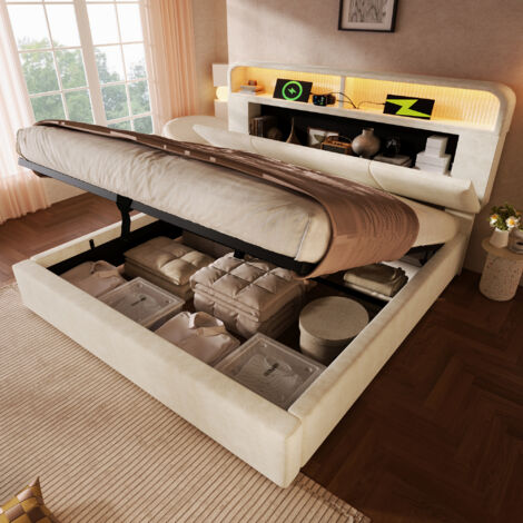 Cama matrimoniales 180x200cm cabecero ajustable con almacenamiento terciopelo iluminación LED estación de carga beige (Sin colchón)