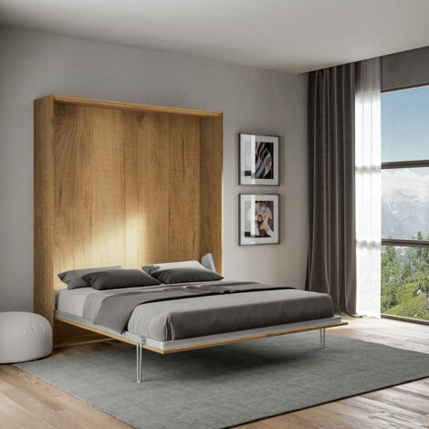 Cama matrimonio abatible 160 x 190 cm armario pared madera Kentaro Oak